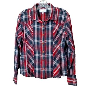 Panhandle Slim red plaid snap front shirt with rhinestone metallic detail